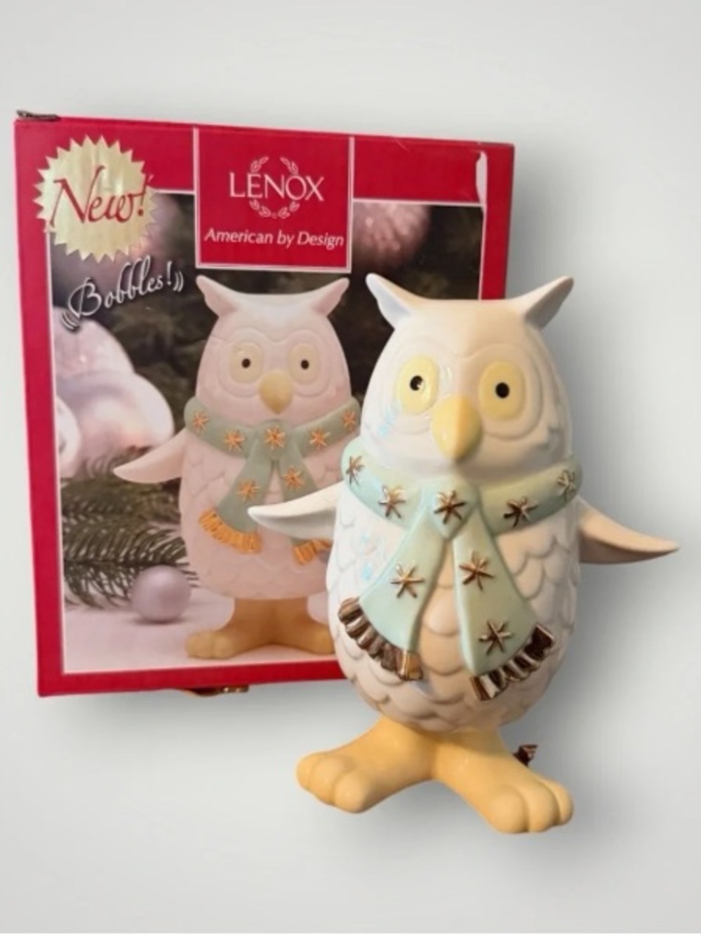 Lenox Holiday Owl Figurine in Mint Scarf and Gold Accents